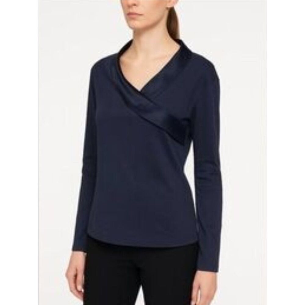 Temperley London V-Neck Satin Contrast Accent Navy Blue Long Sleeve Top Blouse M